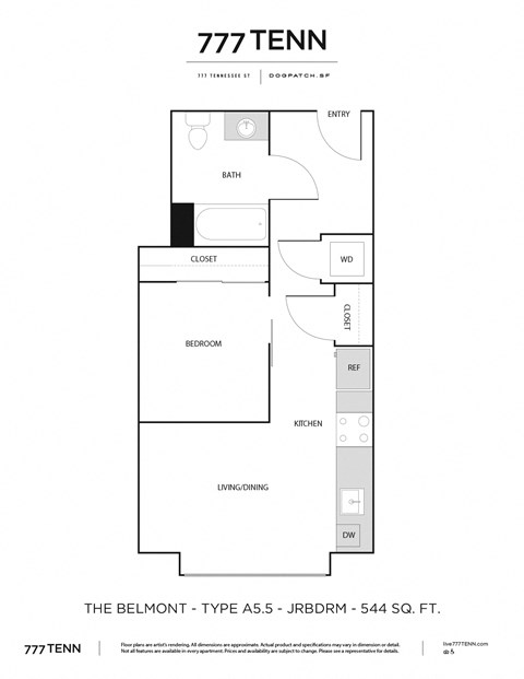 Floor plan for studio, 1 bath, 544 sqft